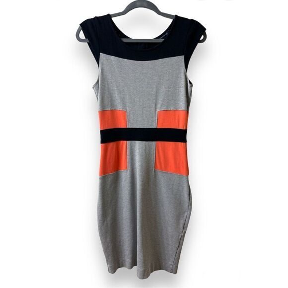 French Connection NWOT 8 Chic Bodycon Dress Black Gray Peach 37 Length Zip Closu - Picture 1 of 7